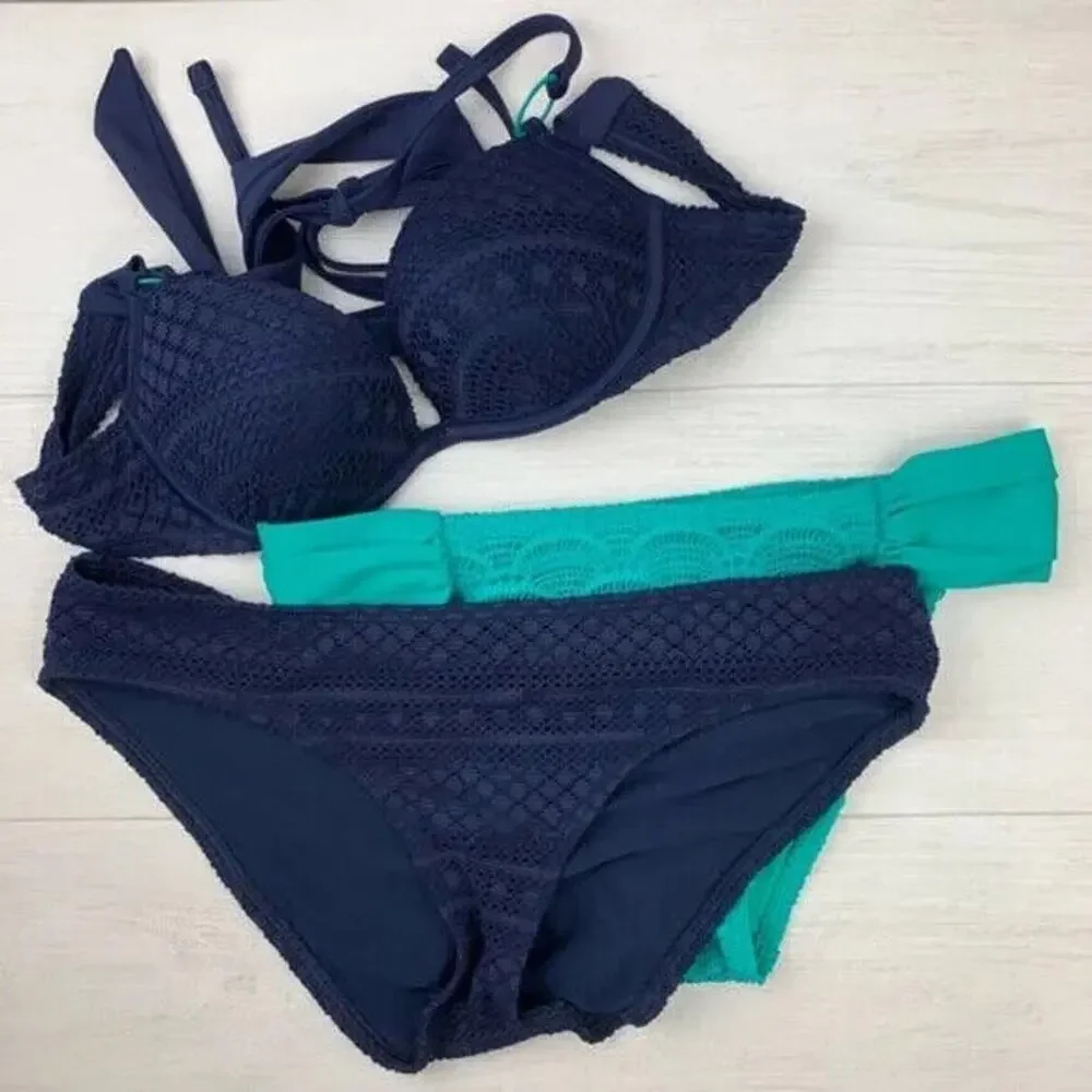 Aerie Push-Up Bikini Top 32A + 2 Hipster Bottoms S/P Set – Navy/Aqua